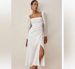 Reformation Isaac Dress 6 White Bridal Wedding Midi Dress Ruched Long Sleeve